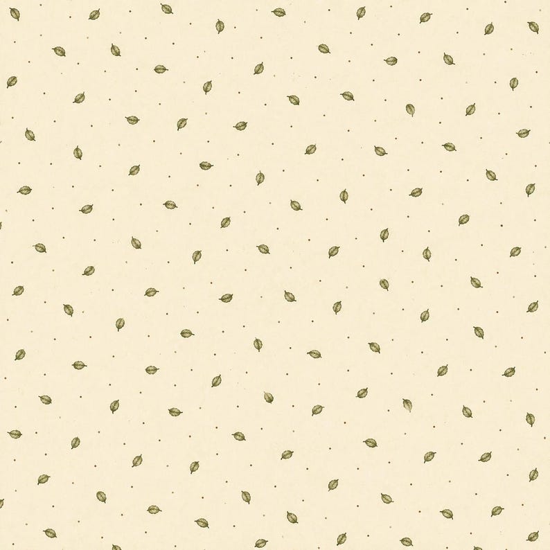 May include: A light cream-colored fabric featuring a repeating pattern of small, dark olive green leaves interspersed with tiny, evenly spaced dark olive green dots across the entire surface of the textile material.
