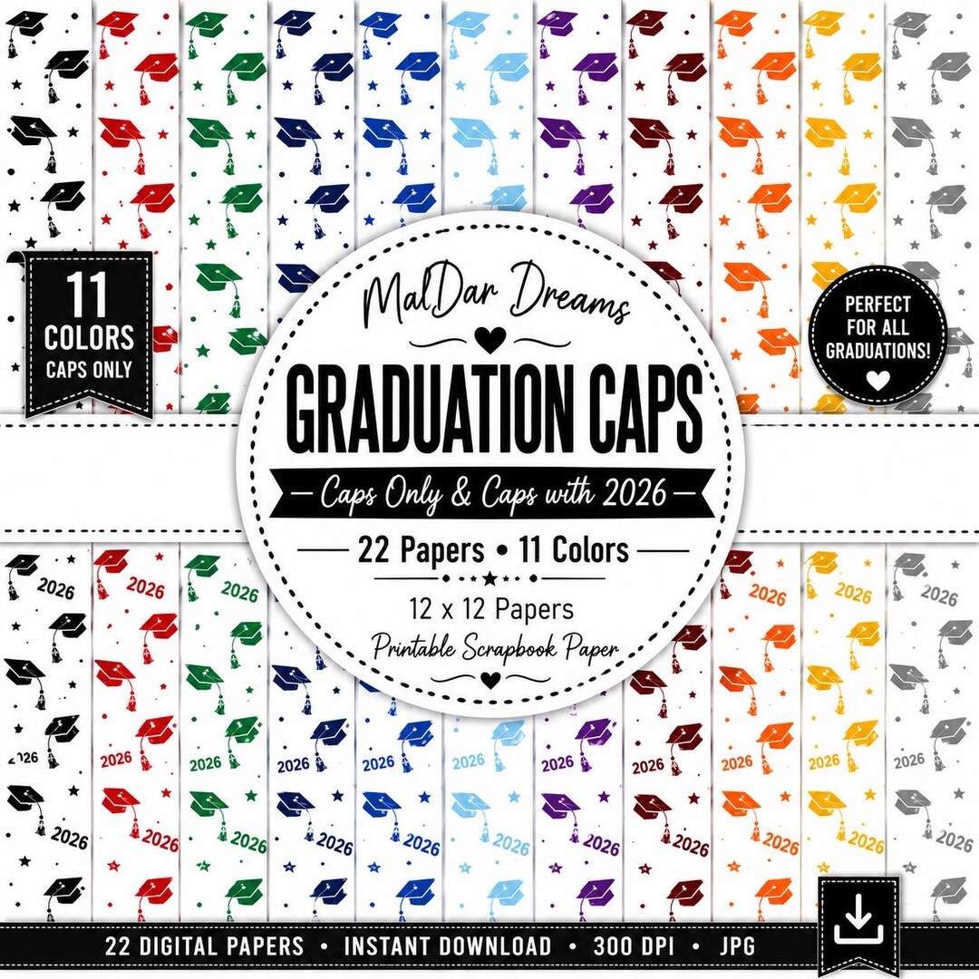 Graduation Cap Color Paper GRADUATION CAPS Digital Scrapbook Paper Bundle | 22 Graduation Papers ...
