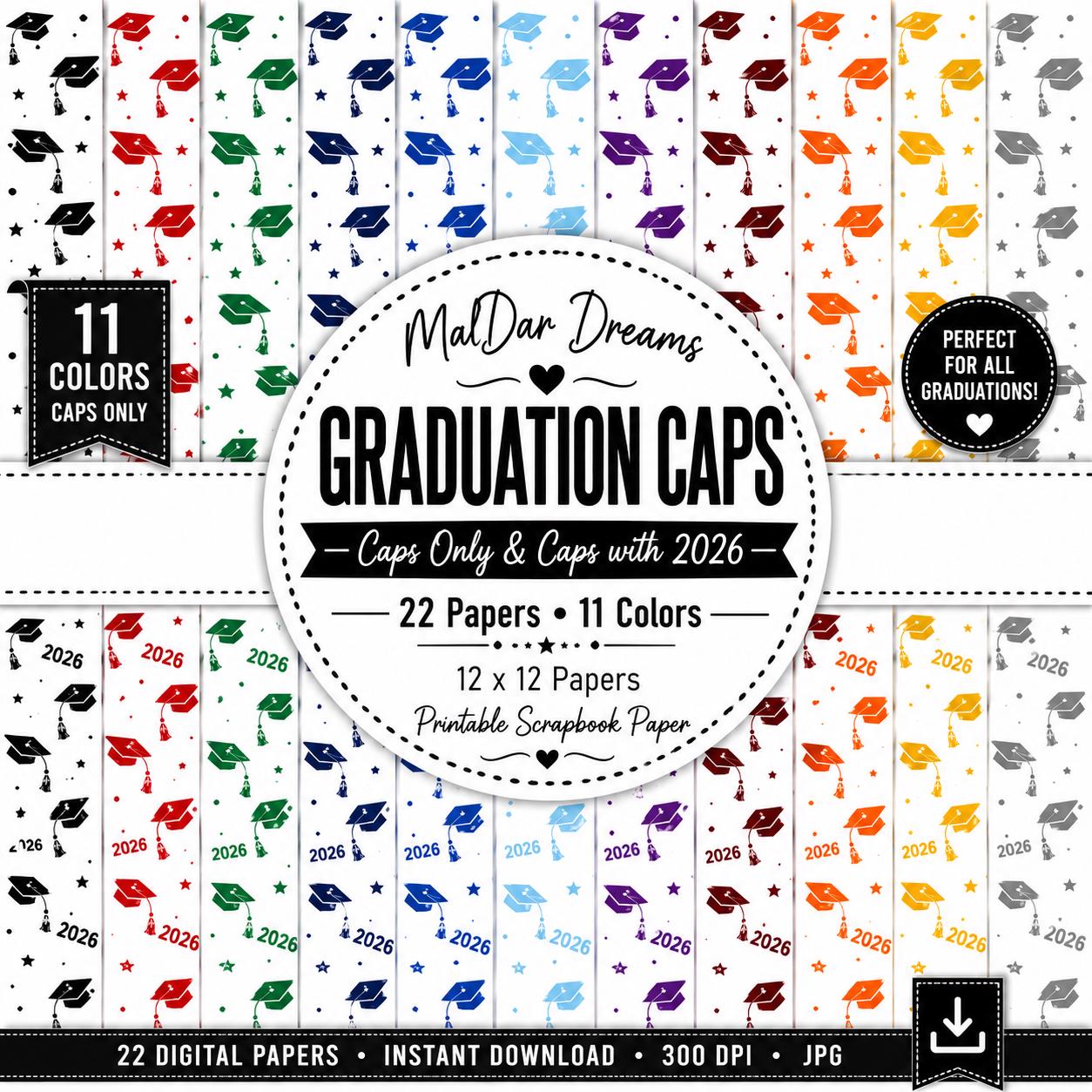 GRADUATION CAPS Digital Scrapbook Paper Bundle | 22 Graduation Papers ...