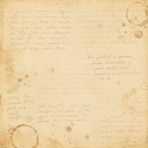 May include: A vintage, aged paper with handwritten script and coffee stains. The text, dated June 14, 1956, describes a perfect summer day, a picnic, and watching fireflies. The paper has a warm, sepia tone.