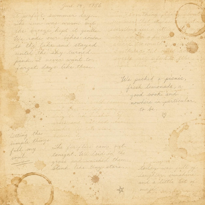 May include: A vintage, aged paper with handwritten script and coffee stains. The text, dated June 14, 1956, describes a perfect summer day, a picnic, and watching fireflies. The paper has a warm, sepia tone.