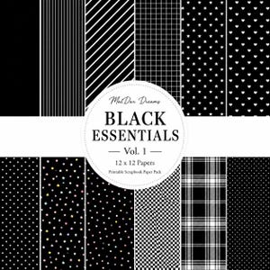 Op de afbeelding: Een verzameling van twaalf digitale plakboekpapieren met zwart-witte patronen, waaronder strepen, rasters, sterren, hartjes, stippen en ruiten. Een centraal rond label bevat de tekst MalDar Dreams BLACK ESSENTIALS Vol. 1 12 x 12 Papers.