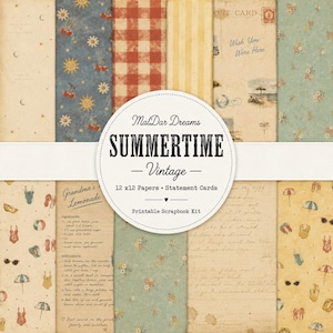 May include: A collection of vintage-style scrapbook papers with a summer theme. The papers feature various patterns, including gingham, stripes, floral, and postcard designs. The central design element is a circular label with the text "SUMMERTIME - Vintage".