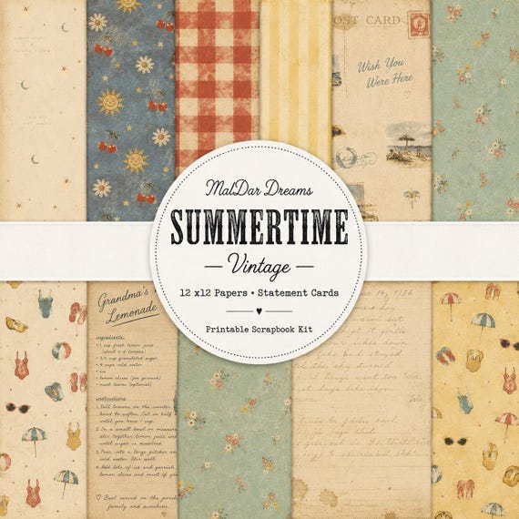Vintage Summer Scrapbook Kit | Retro Papers, Journal Cards (Digital Download)