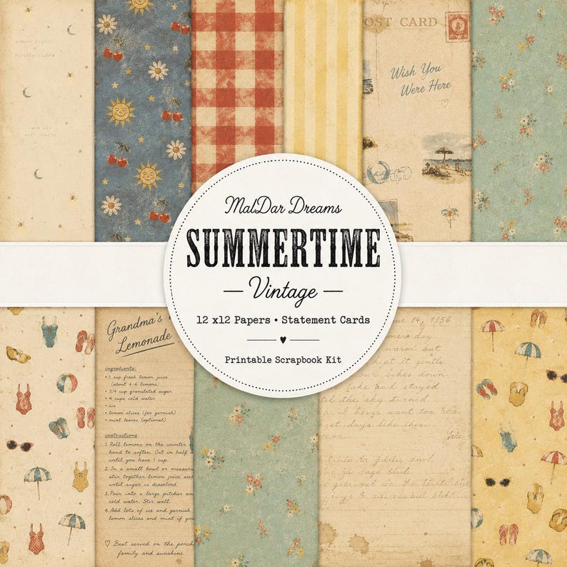 May include: A collection of vintage-style scrapbook papers with a summer theme. The papers feature various patterns, including gingham, stripes, floral, and postcard designs. The central design element is a circular label with the text "SUMMERTIME - Vintage".