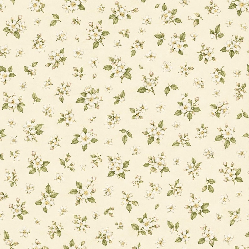 May include: A repeating pattern featuring small white apple blossoms with yellow centers and green leaves scattered across a light cream-colored background. The botanical illustration style shows clusters of flowers and individual buds.