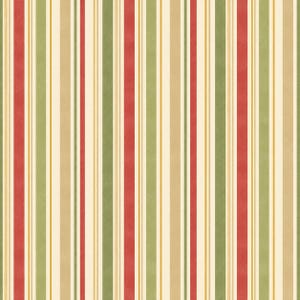 May include: A repeating vertical striped pattern featuring alternating bands of red, olive green, tan, and cream. The design consists of varying widths of stripes, with thin golden yellow lines accentuating the edges of the wider colored bands.