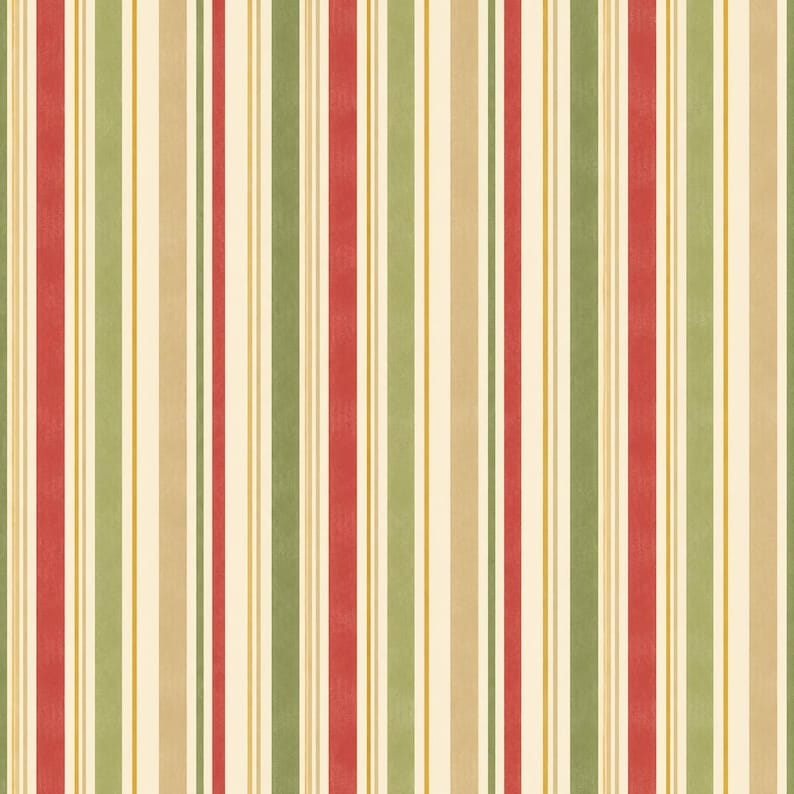May include: A repeating vertical striped pattern featuring alternating bands of red, olive green, tan, and cream. The design consists of varying widths of stripes, with thin golden yellow lines accentuating the edges of the wider colored bands.