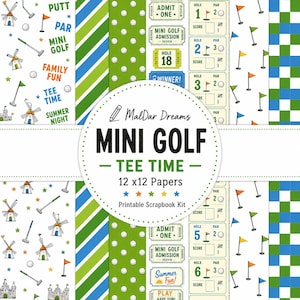 May include: A digital scrapbook paper collection featuring mini golf themes including windmills, golf clubs, scorecards, and tickets. The patterns include green polka dots, blue and green stripes, and checkered designs with text like Mini Golf.