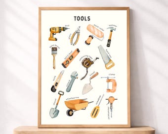 Plakat z narzędziami do druku dla dzieci, akwarelowe narzędzia budowlane, grafika ścienna, wydruk edukacyjny dla przedszkolaków, dekoracja pokoju zabaw dla chłopców