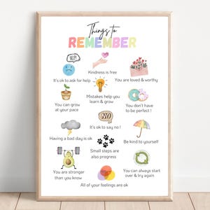 Dingen om te onthouden, poster geestelijke gezondheid, therapiebureaudecor, schoolbegeleider, kunst aan de muur positieve affirmaties, digitale download.