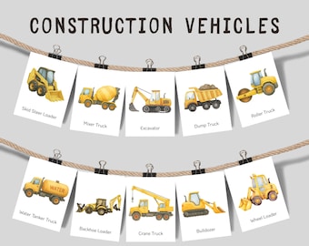 Karty edukacyjne do druku z pojazdami budowlanymi, karty transportowe Montessori, karty edukacyjne z ciężarówkami dla maluchów, edukacja domowa w przedszkolu (PDF)