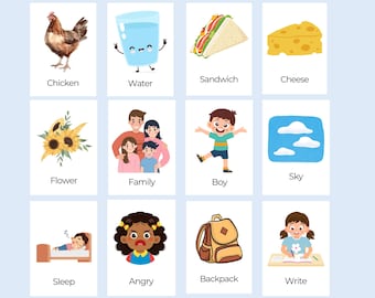 Karty do nauki pierwszych słów dla maluchów do druku, 120 kart do nauki słownictwa, słowa wzrokowe dla przedszkolaków, Montessori Homeschool do druku