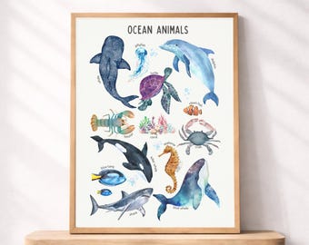 Akwarelowe zwierzęta morskie do druku, plakat z życia morskiego do pokoju dziecięcego, sztuka ścienna dla maluchów Montessori, dekoracja podwodna