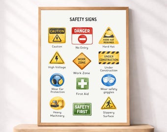 Plakat ze znakami bezpieczeństwa do druku dla dzieci, tabela znaków na placu budowy, akwarelowe dekoracje ścienne do nauki, wystrój sali przedszkolnej