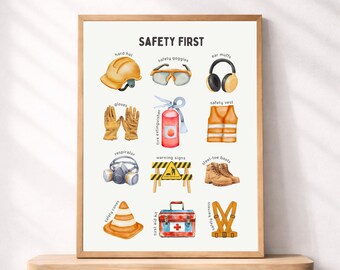 Plakat ze znakami bezpieczeństwa do druku dla dzieci, tabela bezpieczeństwa na placu budowy, akwarelowe dekoracje ścienne do nauki, wystrój sali przedszkolnej