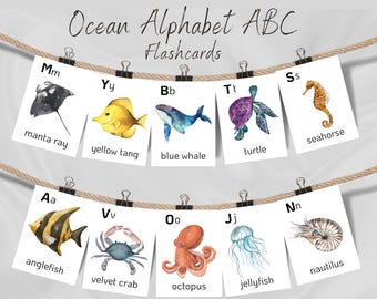 Sea Animals Flashcards Printable, Ocean Alphabet ABC Cards for Kids, Preschool Montessori Toddler Learning Printable