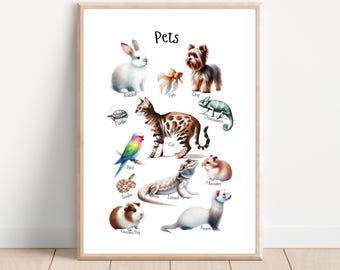 Póster de animales de Pats, aprendizaje Montessori, imprimible en acuarela, arte mural para sala de juegos, póster educativo, decoración para sala de juegos, gato, descarga digital