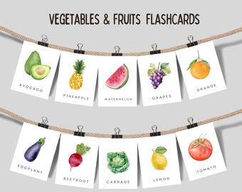 Fiszki z jedzeniem do druku dla dzieci, karty z owocami i warzywami, fiszki do nauki akwareli, przedszkole Montessori do nauki w domu do druku