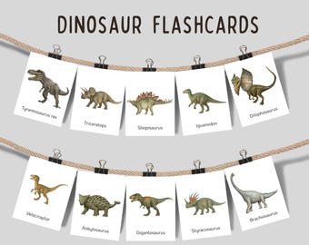 Karty edukacyjne z dinozaurami do druku dla dzieci, karty edukacyjne z dinozaurami w akwarelach, karty edukacyjne dla przedszkolaków, materiały edukacyjne Montessori dla maluchów do druku