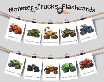 Karty edukacyjne z Monster Truckami do druku dla dzieci, karty edukacyjne z akwarelowymi ciężarówkami, materiały edukacyjne Montessori dla przedszkolaków do druku