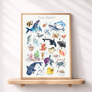 Meerestiere Alphabet Poster druckbar, Ozean ABC Wandkunst für Kinder, Aquarell unter dem Meer Kinderzimmer Dekor, Kleinkind Vorschule lernen