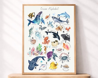 Plakat z alfabetem zwierząt morskich do druku, oceaniczna sztuka ścienna dla dzieci, akwarelowe dekoracje do pokoju dziecięcego z motywem podmorskim, nauka dla przedszkolaków