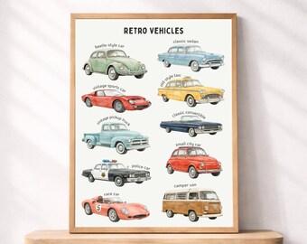 Plakat z zabytkowym samochodem do druku, sztuka ścienna z samochodami retro, klasyczny nadruk z pojazdem do pokoju dziecięcego dla chłopców, dekoracja męskiej jaskini, prezent dla miłośnika samochodów