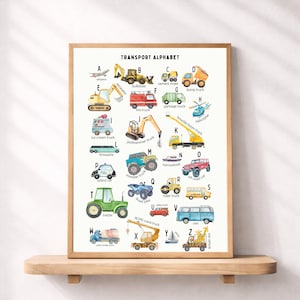 Vehicle Alphabet Poster Printable, Transportation ABC Wall Art for Kids, Cars Trucks Construction Theme, Nursery Classroom Decor