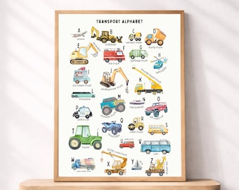 Plakat z alfabetem pojazdów do druku, sztuka ścienna z alfabetem transportu dla dzieci, motyw samochodów ciężarowych i budowlanych, wystrój pokoju dziecięcego