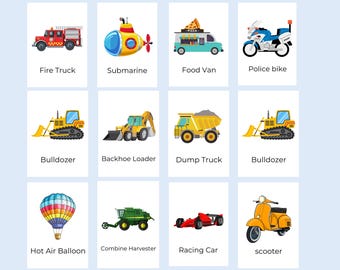 Karty do druku o transporcie, karty pojazdów dla dzieci, samochody, ciężarówki, motywy budowlane, edukacja Montessori dla przedszkolaków do druku