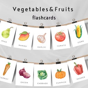 Cartes flash de légumes et de fruits, 24 cartes Montessori, enseignement à domicile, apprentissage à la maternelle, cartes aquarelles imprimables, téléchargement numérique.