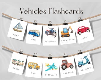 Karty do druku o transporcie, karty pojazdów dla dzieci, samochody, ciężarówki, motywy budowlane, edukacja Montessori dla przedszkolaków do druku