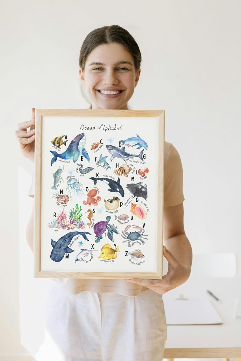 Ocean Alphabet Poster | Watercolor Sea Animal ABC Print | Educational ...