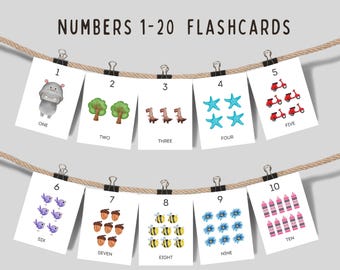 Fiszki do nauki liczenia do druku od 1 do 20, karty z liczbami dla dzieci, nauka matematyki w przedszkolu Montessori, edukacja domowa dla małych dzieci do druku