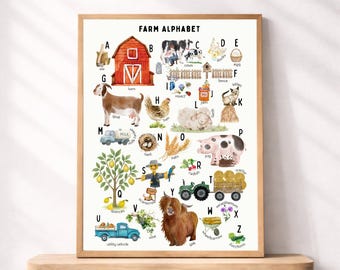 Plakat z alfabetem zwierząt gospodarskich do druku, dekoracja ścienna z alfabetem dla dzieci, wystrój pokoju dziecięcego, wydruk edukacyjny dla przedszkolaków