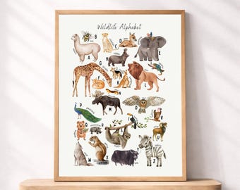 Plakat z alfabetem zwierząt do druku, sztuka ścienna z alfabetem zwierząt dla dzieci, dekoracja pokoju dziecięcego z akwarelami, materiały edukacyjne dla przedszkolaków do druku