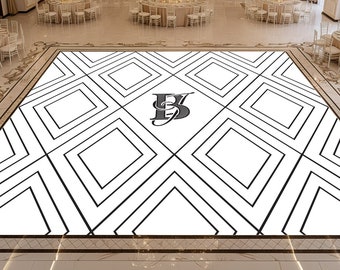 May include: An elegant ballroom with a large dance floor featuring a geometric black and white design. The room is decorated with chandeliers, round tables, and draped curtains. The floor has a logo in the center.