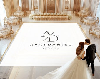 May include: A grand ballroom with a white dance floor featuring the names "AVA & DANIEL" and the date "05/12/23". The room is decorated in gold and white, with round tables, chairs, and a large chandelier.