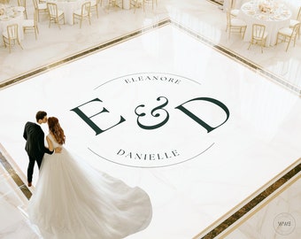May include: A white dance floor with a black and white circle design that says "Eleanore & Danielle" in a script font. A bride and groom are standing on the dance floor.