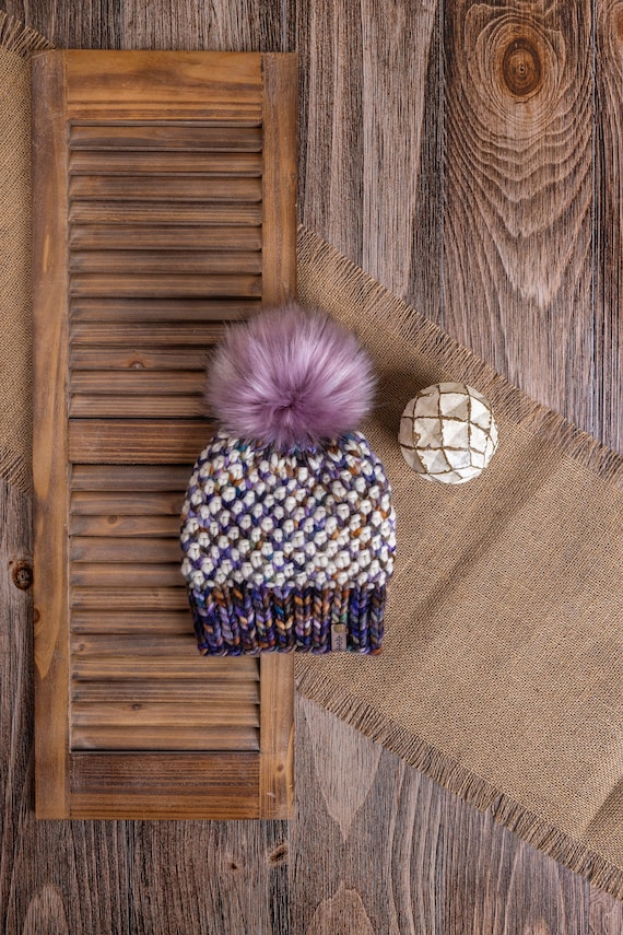 Kaleidoscope Beanie (Adult) - 100% Merino Wool Beanie (Purple & White)