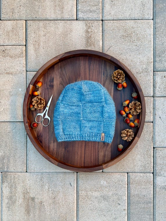 Sky Blue Checkers Beanie (Adult) - 100% Merino Wool & Mohair (Blue)