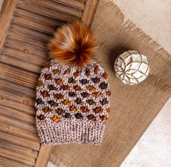 Natural Lotus Flower (Adult) - 100% Merino Wool Beanie (Light Brown/Orange/Natural)