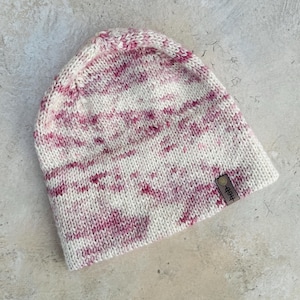 Handmade Merino Wool Beanie - Pink and White Knit Adult Hat