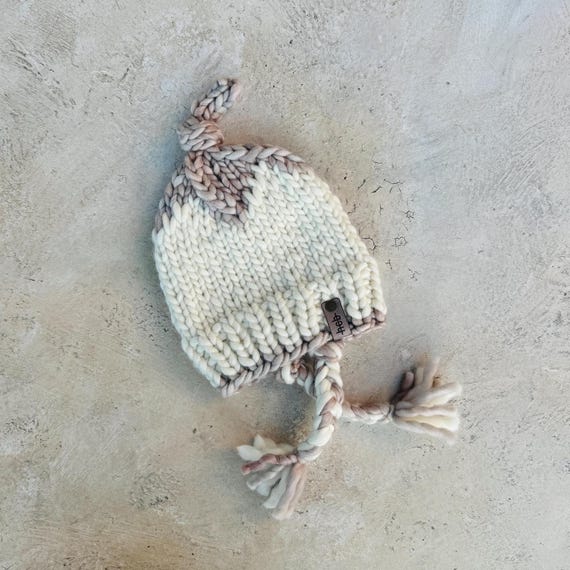 Natural White Infant Bonnet (0-6mo) - 100% Merino Wool Beanie (Brown, White)