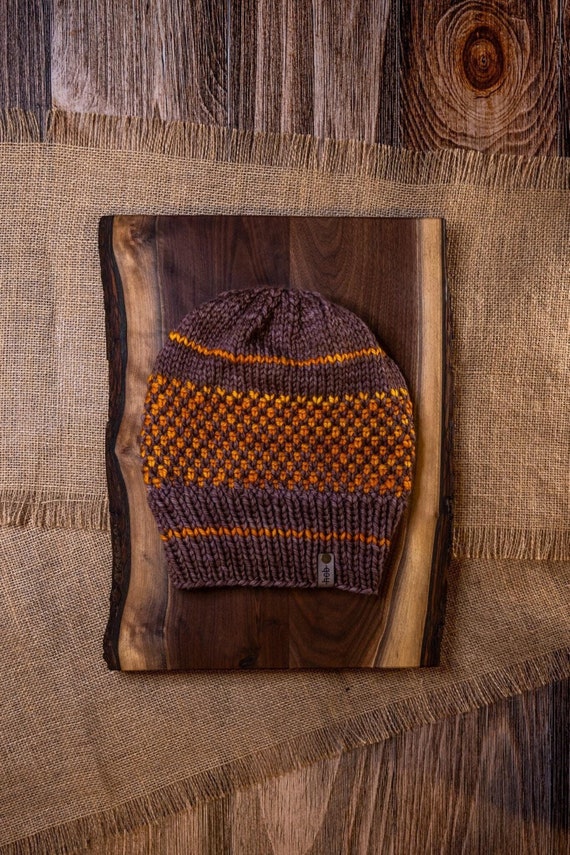 Kaleidoscope Slouchy Beanie (Adult) - 100% Merino Wool Beanie (Brown, Orange)