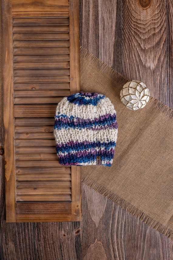 Lumpy Knit Beanie (Adult) - 100% Lumpy Merino Wool Beanie (White, Purple, Blue)