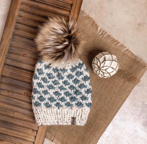 Natural Teal Lotus Flower (XL) - Alpaca/Acrylic Wool Beanie (Light Natural & Teal)
