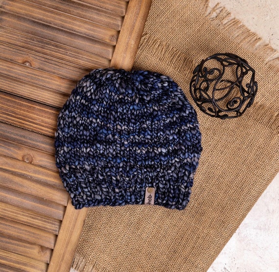 Knit Beanie (Adult) - 100% Merino Wool Beanie (Blue Black)