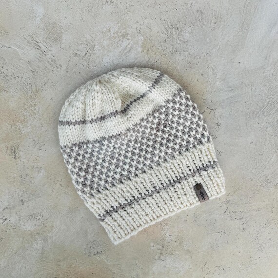 White Kaleidoscope Slouchy Beanie (Adult) - 100% Merino Wool Beanie (White, Brown, Tan)